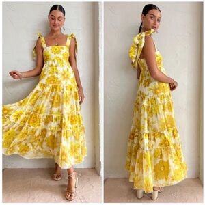Alemais Sonny Tiered Floral Midi Dress Yellow